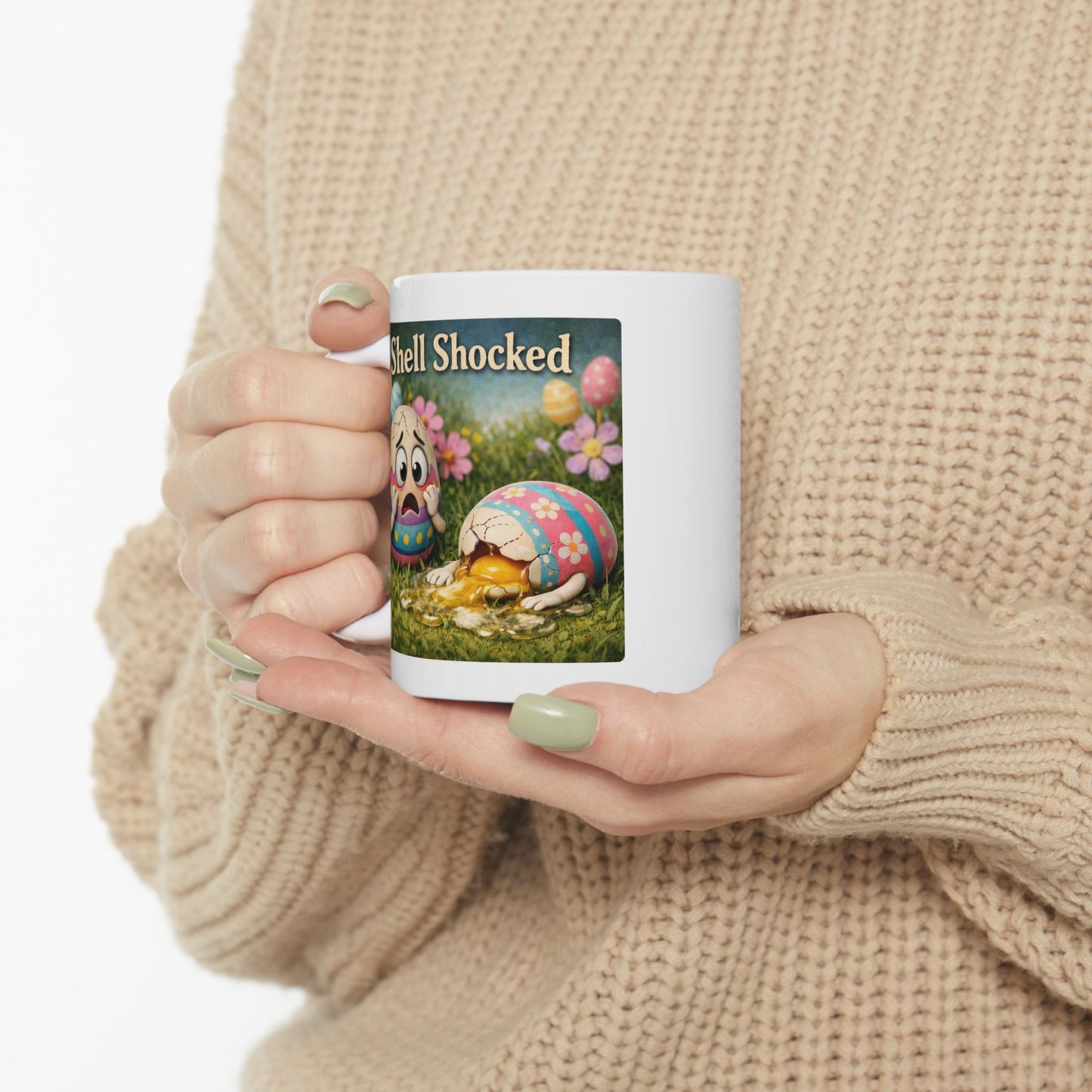 Shell Shocked Easter Mug – Funny Easter Coffee Mug with Traumatized Egg Design