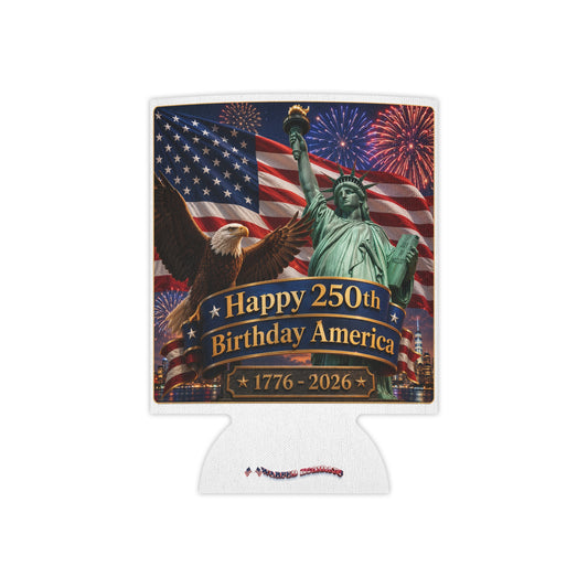 250th Birthday America Can Cooler – "Happy 250th Birthday America 1776–2026" Patriotic Beer or Soda Koozie