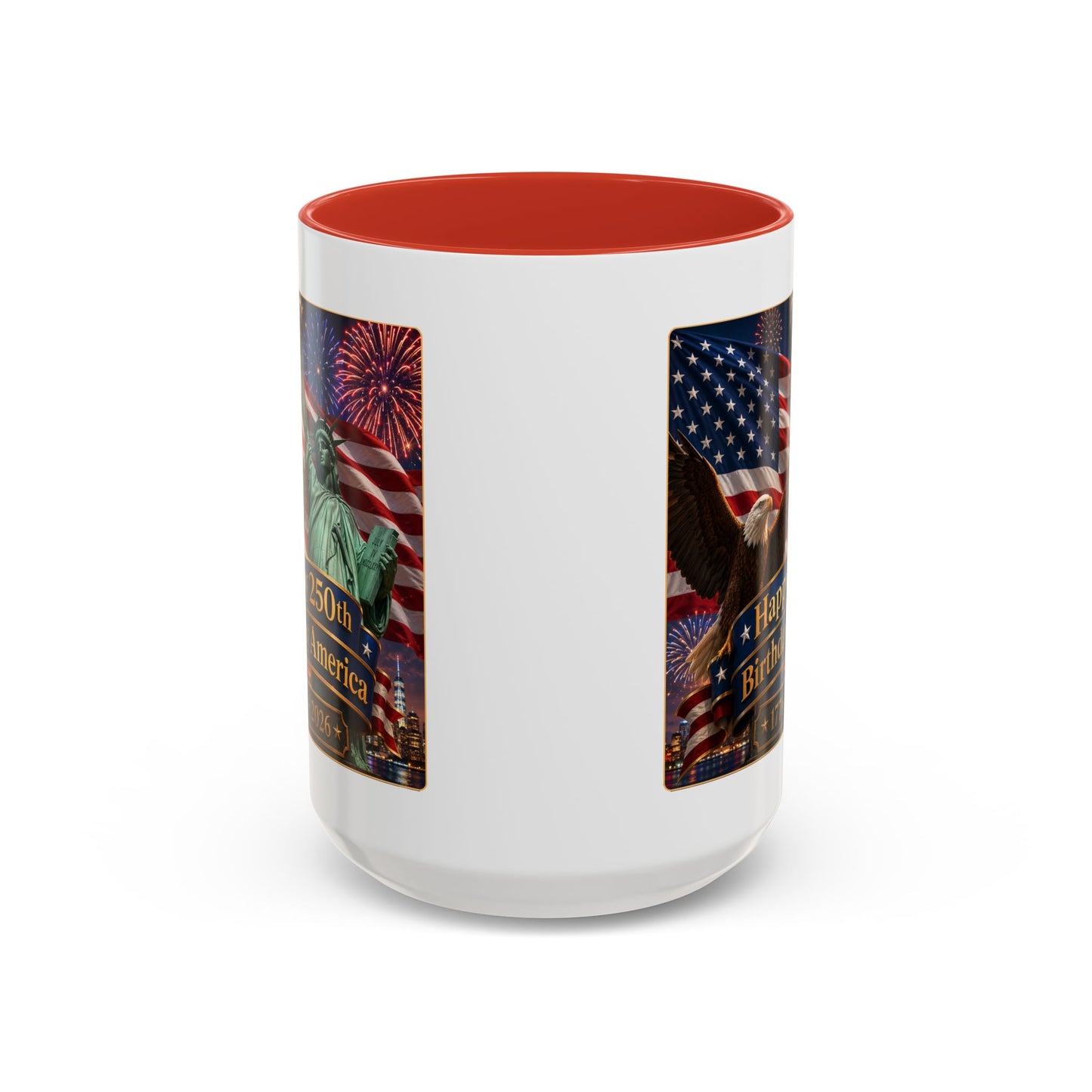 Patriotic Coffee Mug - "Happy 250th Birthday America 1776–2026" - Red or Blue Accent Color