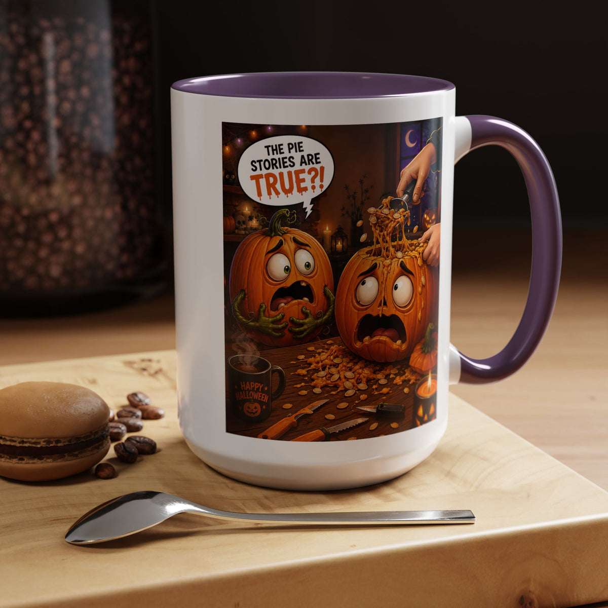 Accent Coffee Mug — Funny Halloween Pumpkin "The Pie Stories Are True?!"