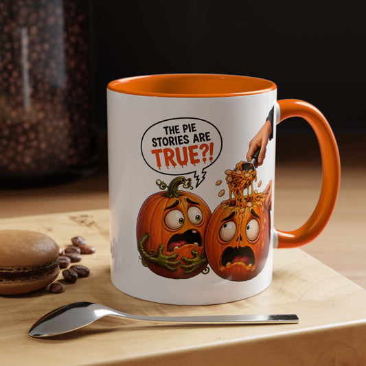 Accent Coffee Mug — Funny Halloween Pumpkin "The Pie Stories Are True?!" v2