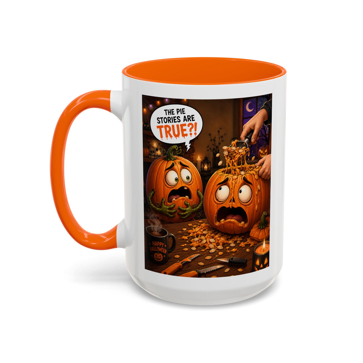 Accent Coffee Mug — Funny Halloween Pumpkin "The Pie Stories Are True?!"