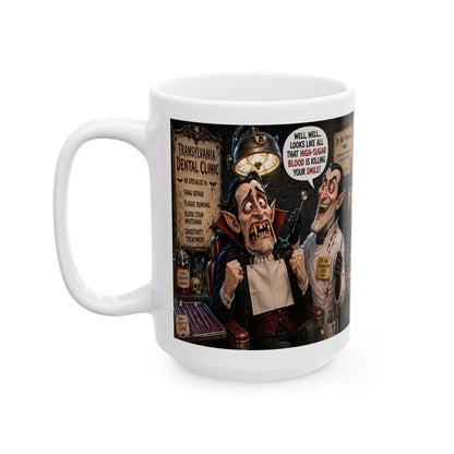 Funny vampire Halloween mug featuring Count Snackula getting his fangs examined at the Transylvania Dental Clinic. 15oz, left hand view.