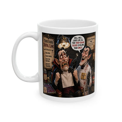Funny vampire Halloween mug featuring Count Snackula getting his fangs examined at the Transylvania Dental Clinic