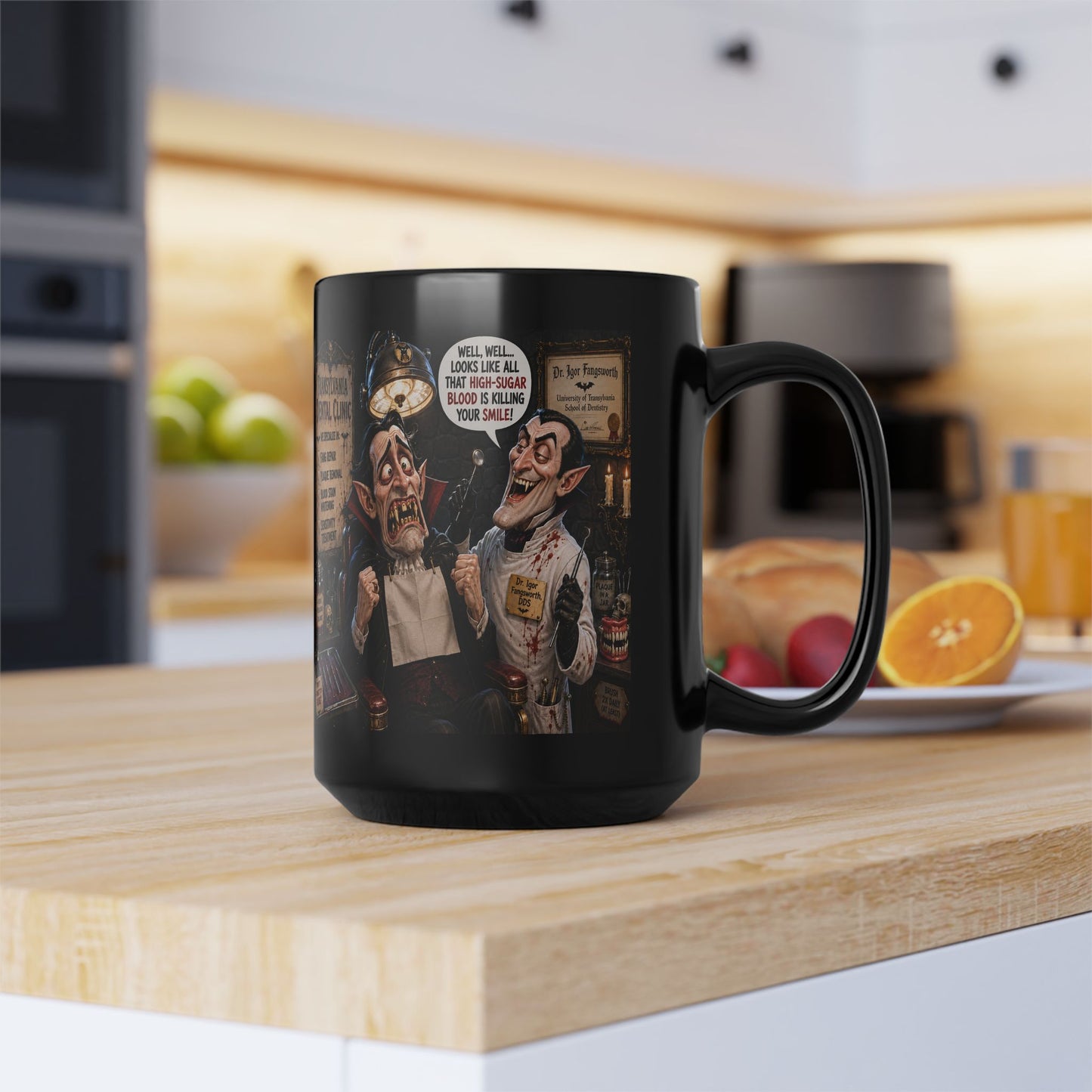 The Count’s Sugar Problem — Funny Vampire Halloween Mug (Black 11oz/15oz)