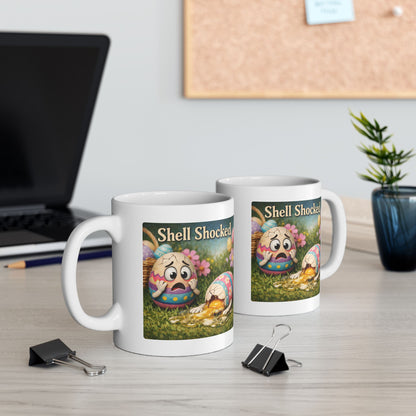 Shell Shocked Easter Mug – Funny Easter Coffee Mug with Traumatized Egg Design