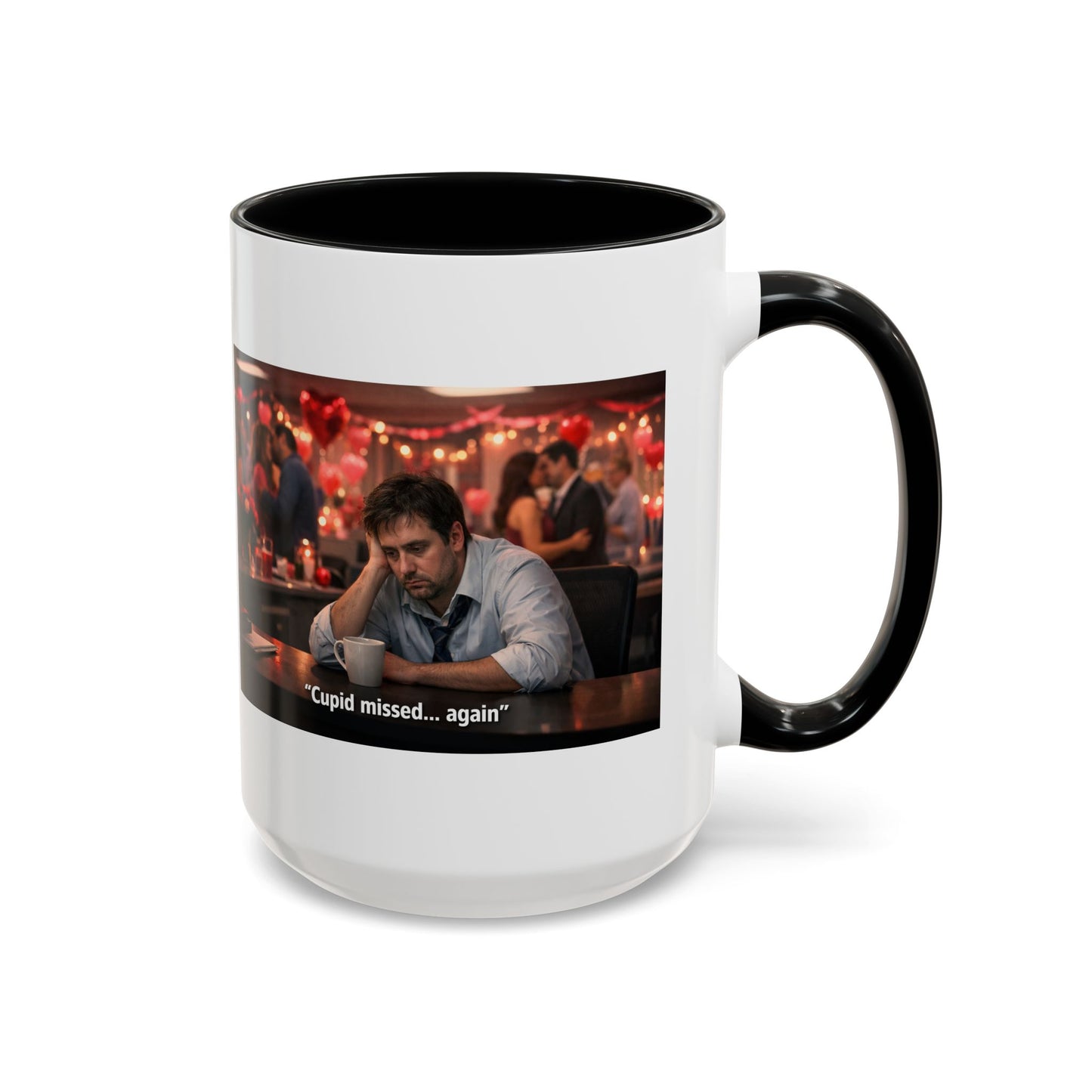 Cupid Missed… Again Funny Valentine Office Party Coffee Mug | Anti-Valentine Humorous Work Mug