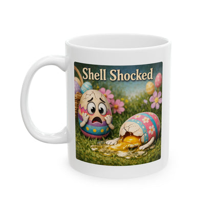 Shell Shocked Easter Mug – Funny Easter Coffee Mug with Traumatized Egg Design