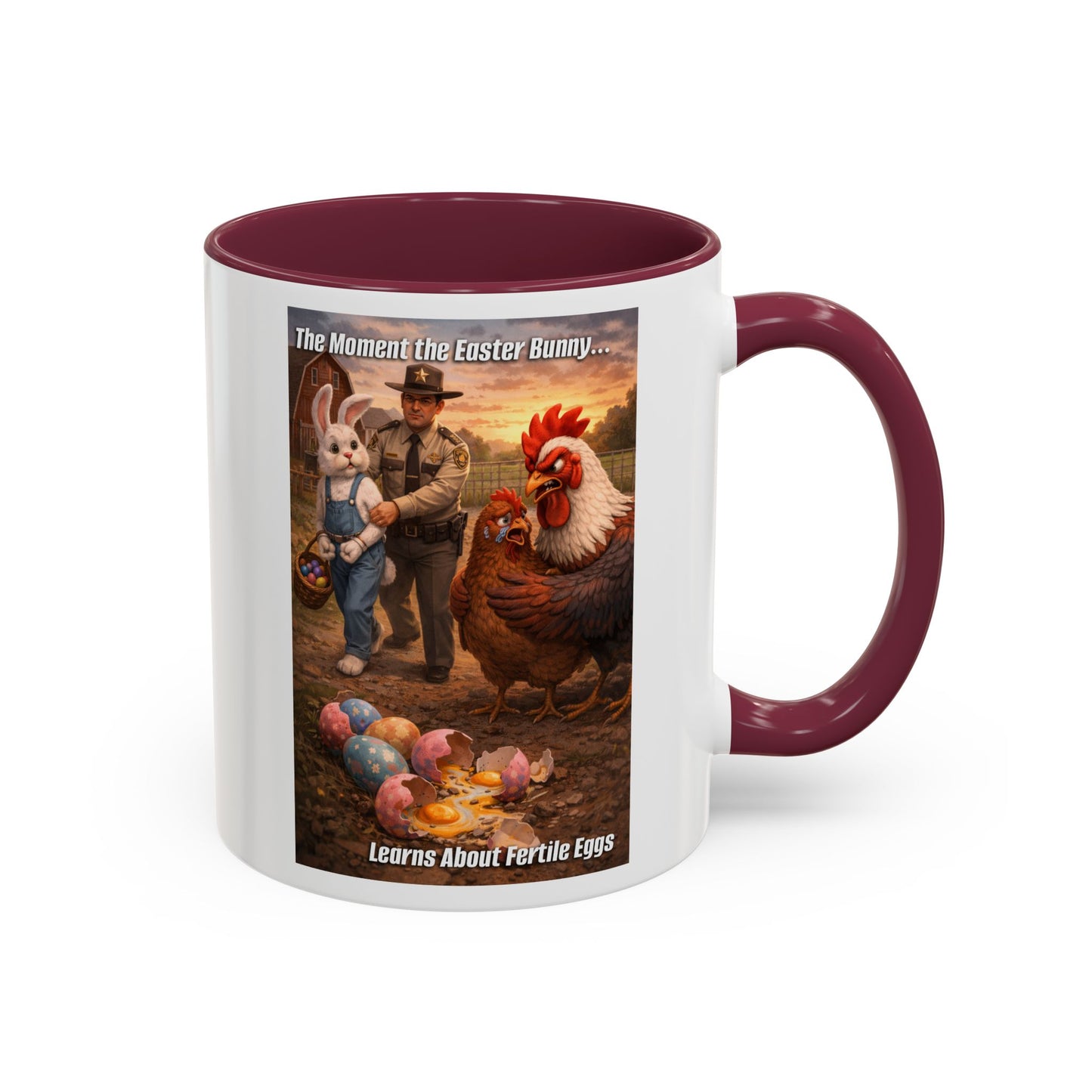 Easter Humor Mug — “The Moment the Easter Bunny Learns About Fertile Eggs” Accent Coffee Cup (11oz/15oz)