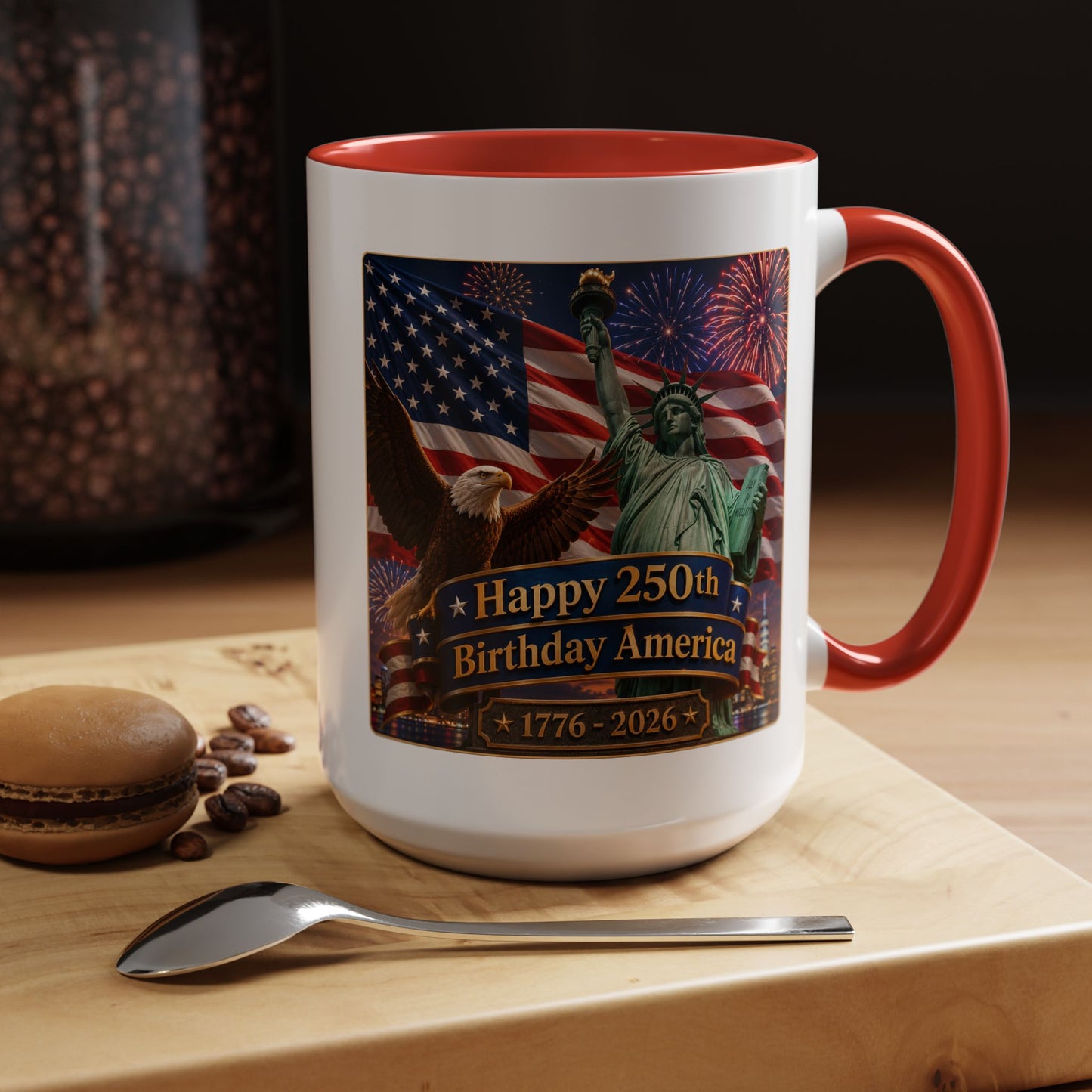Patriotic Coffee Mug - "Happy 250th Birthday America 1776–2026" - Red or Blue Accent Color