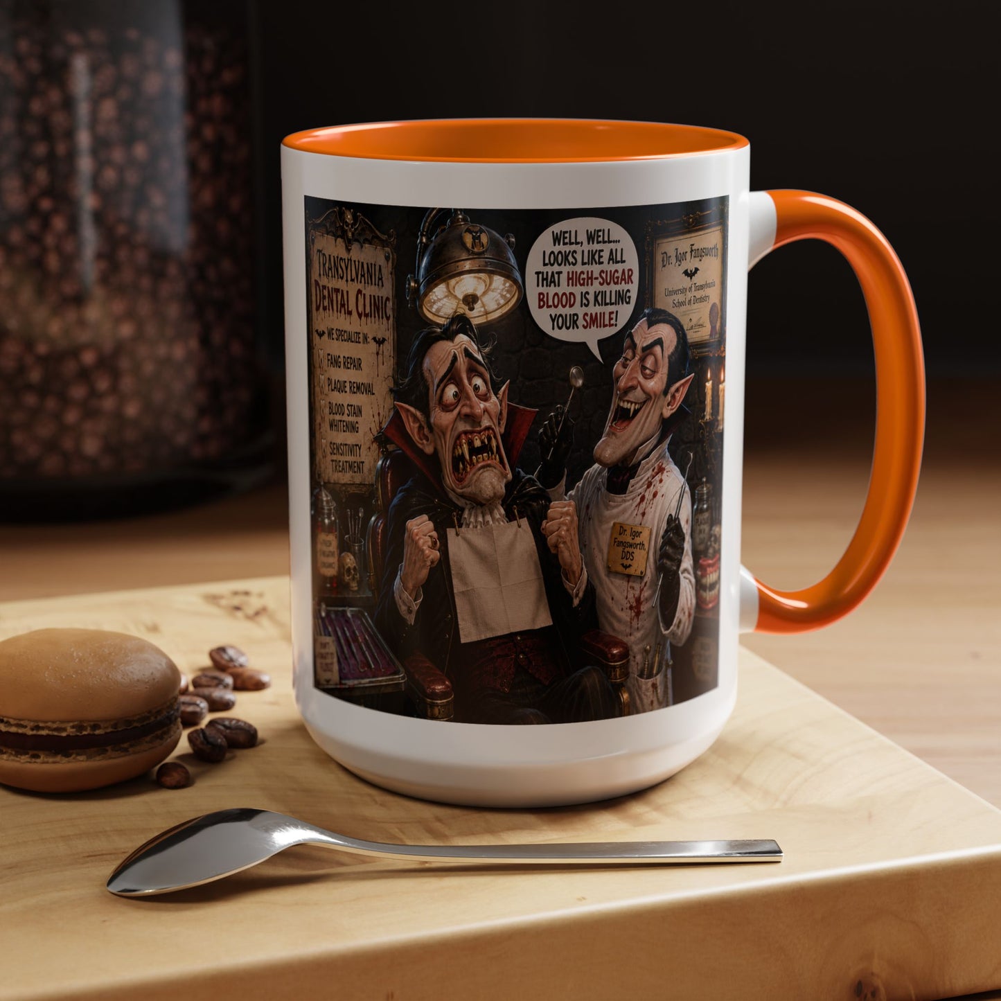 The Count’s Sugar Problem — Funny Vampire Halloween Mug (Accent Colors - Black, Red, Orange, Purple, Pink 11oz/15oz)