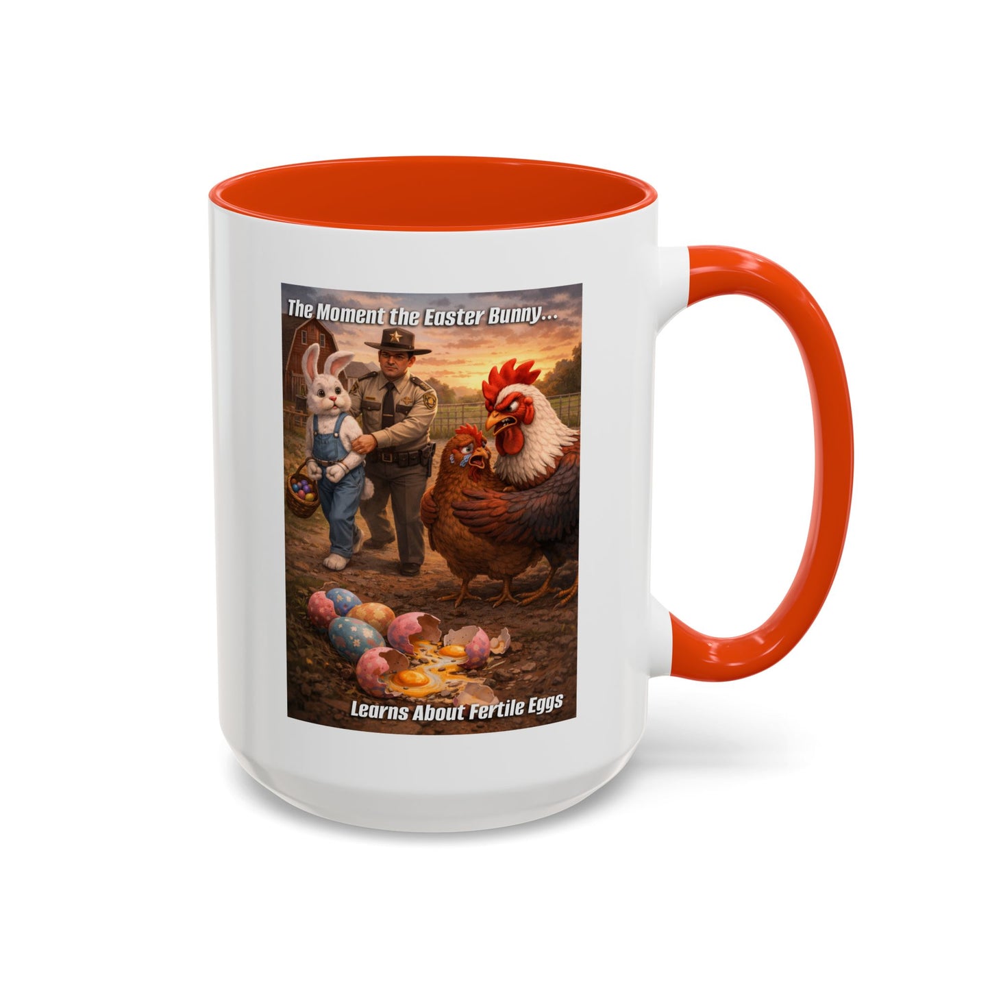 Easter Humor Mug — “The Moment the Easter Bunny Learns About Fertile Eggs” Accent Coffee Cup (11oz/15oz)