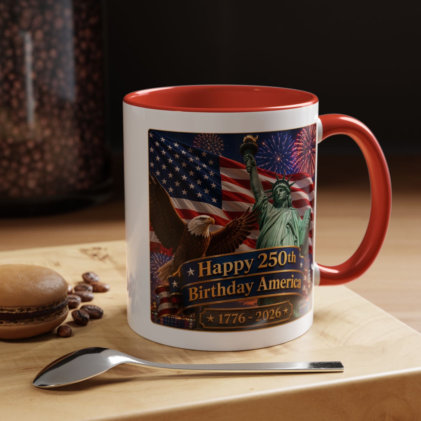 Patriotic Coffee Mug - "Happy 250th Birthday America 1776–2026" - Red or Blue Accent Color