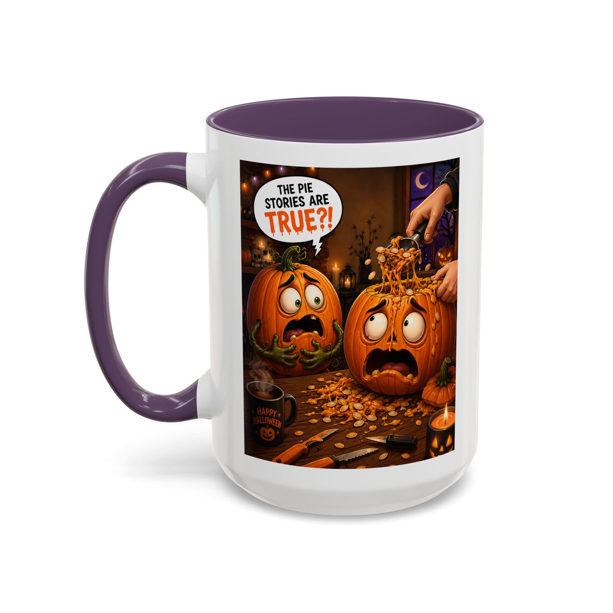 Accent Coffee Mug — Funny Halloween Pumpkin "The Pie Stories Are True?!"