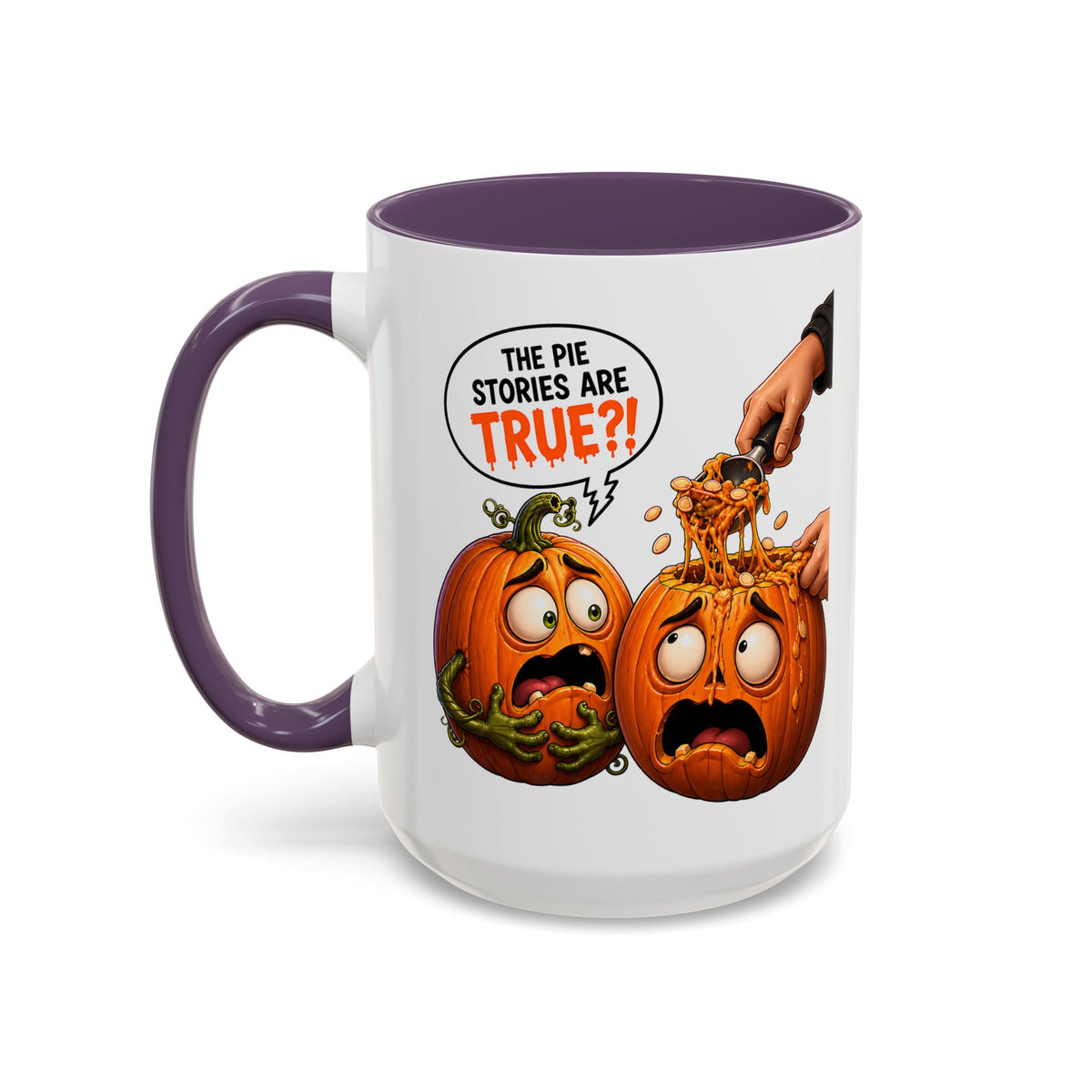 Accent Coffee Mug — Funny Halloween Pumpkin "The Pie Stories Are True?!" v2