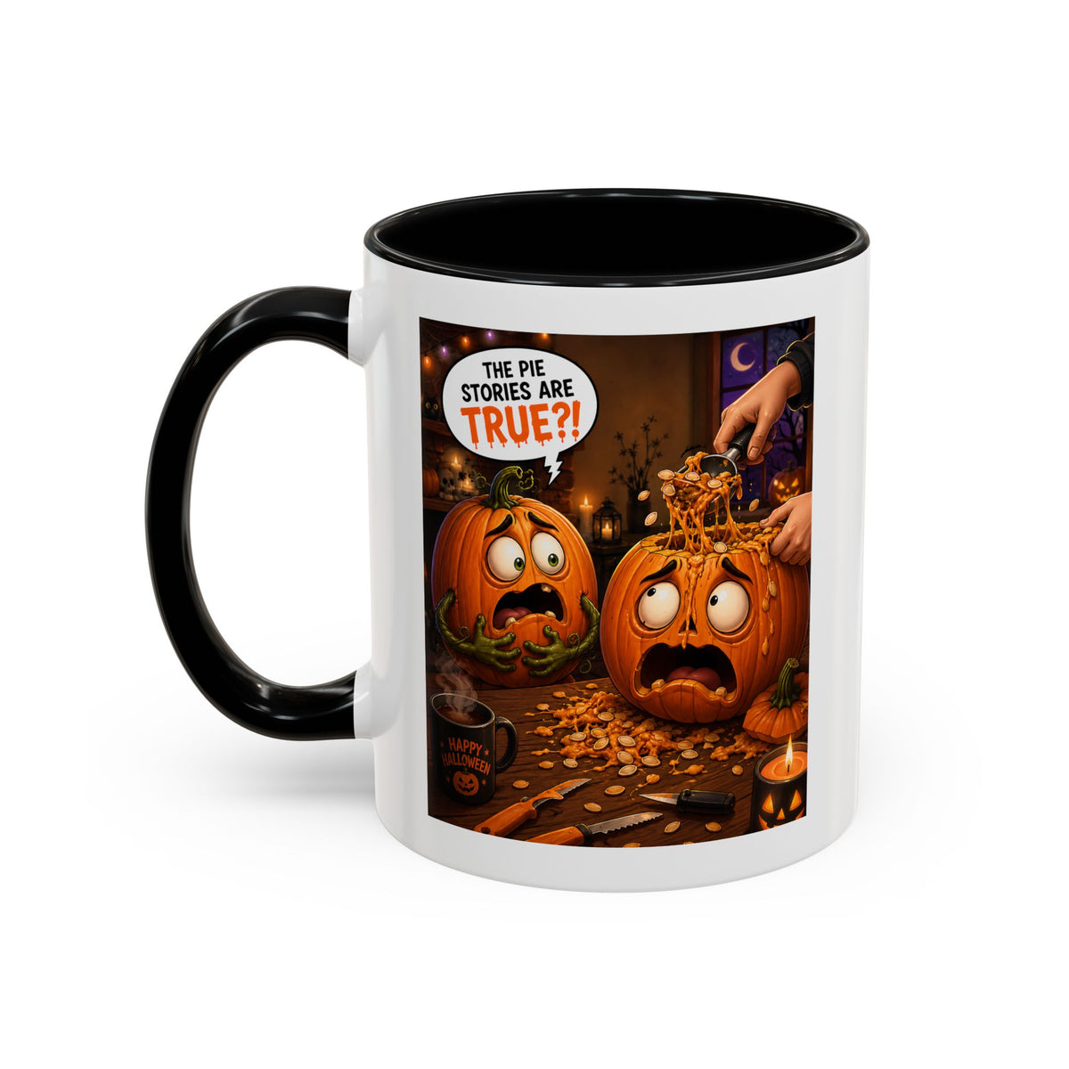 Accent Coffee Mug — Funny Halloween Pumpkin "The Pie Stories Are True?!"