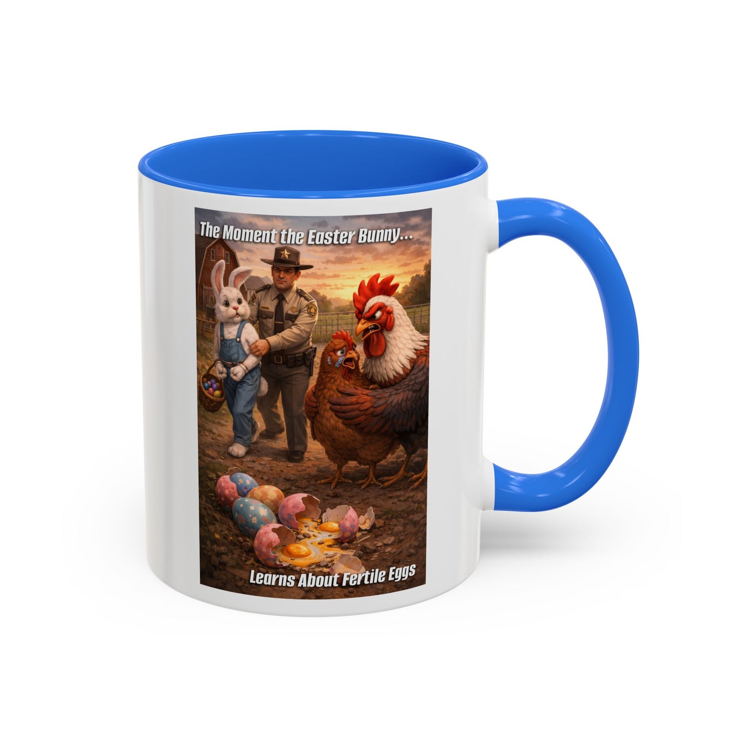 Easter Humor Mug — “The Moment the Easter Bunny Learns About Fertile Eggs” Accent Coffee Cup (11oz/15oz)