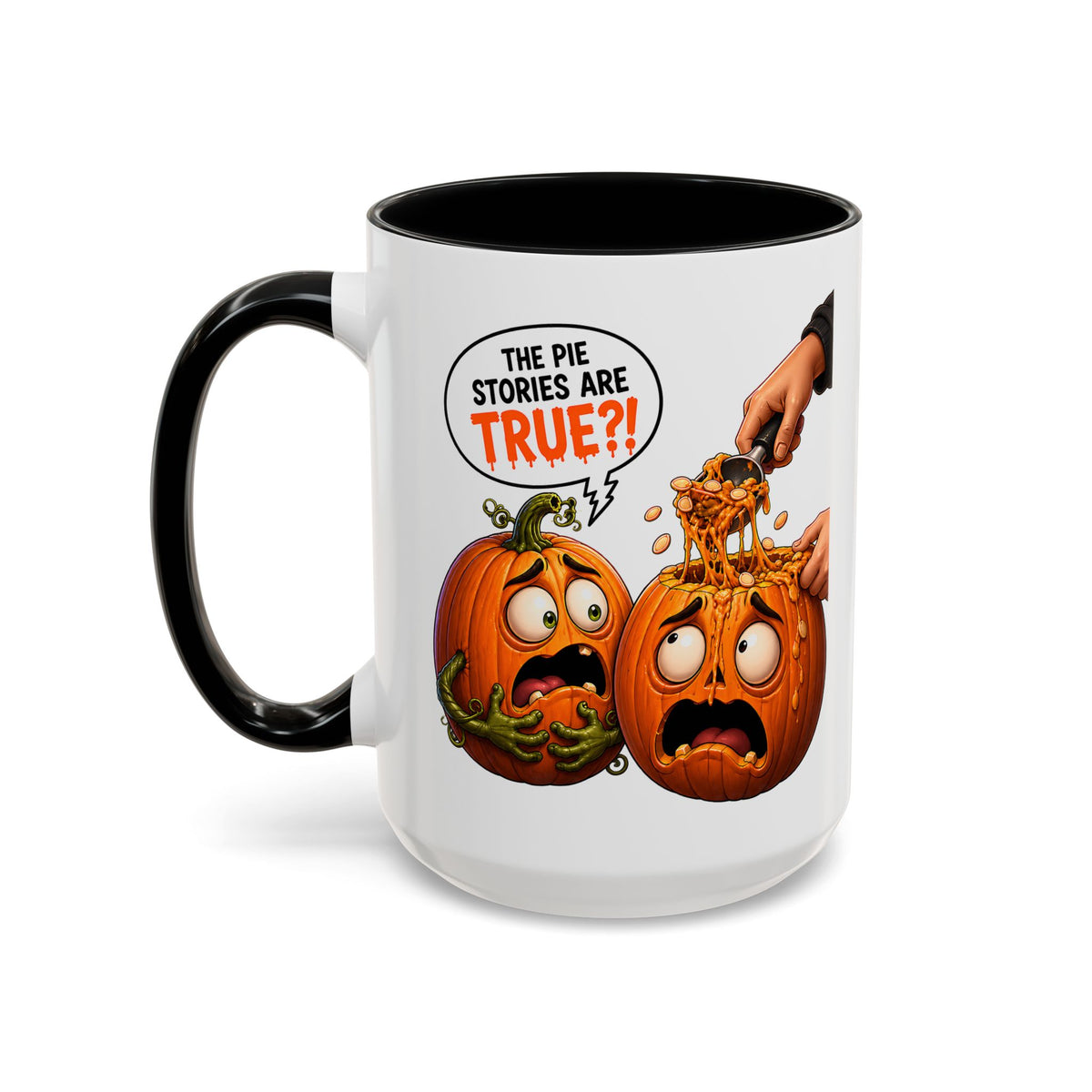 Accent Coffee Mug — Funny Halloween Pumpkin "The Pie Stories Are True?!" v2
