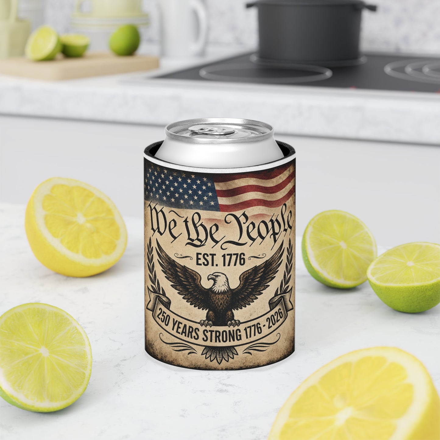 We the People 250 Years Strong Can Cooler – 1776–2026 Patriotic Beer and Soda Koozie