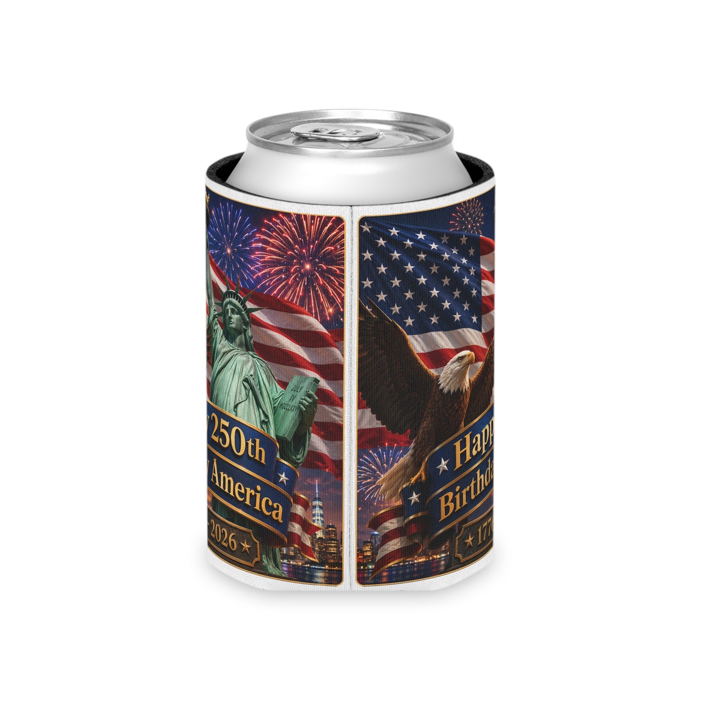 Happy 250th Birthday America Can Cooler – "Happy 250th Birthday America 1776–2026" Patriotic Beer or Soda Koozie