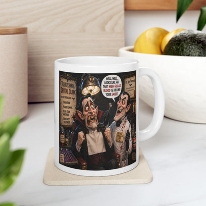 A white ceramic mug with "The Count’s Sugar Problem" funny vampire Halloween graphic, displayed on a light wood coaster in a kitchen setting.