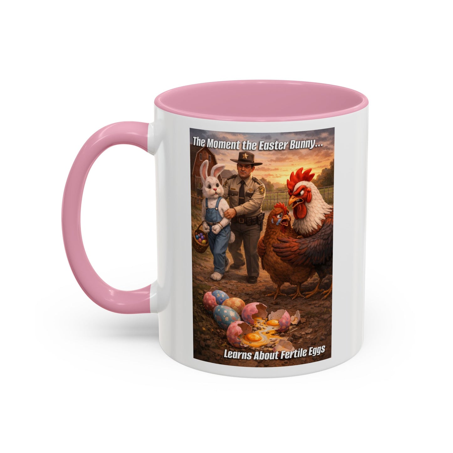 Easter Humor Mug — “The Moment the Easter Bunny Learns About Fertile Eggs” Accent Coffee Cup (11oz/15oz)