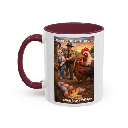 Easter Humor Mug — “The Moment the Easter Bunny Learns About Fertile Eggs” Accent Coffee Cup (11oz/15oz)