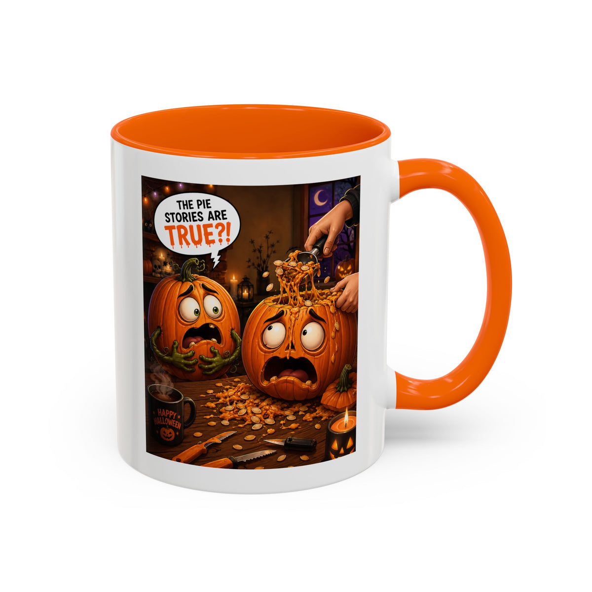 Accent Coffee Mug — Funny Halloween Pumpkin "The Pie Stories Are True?!"