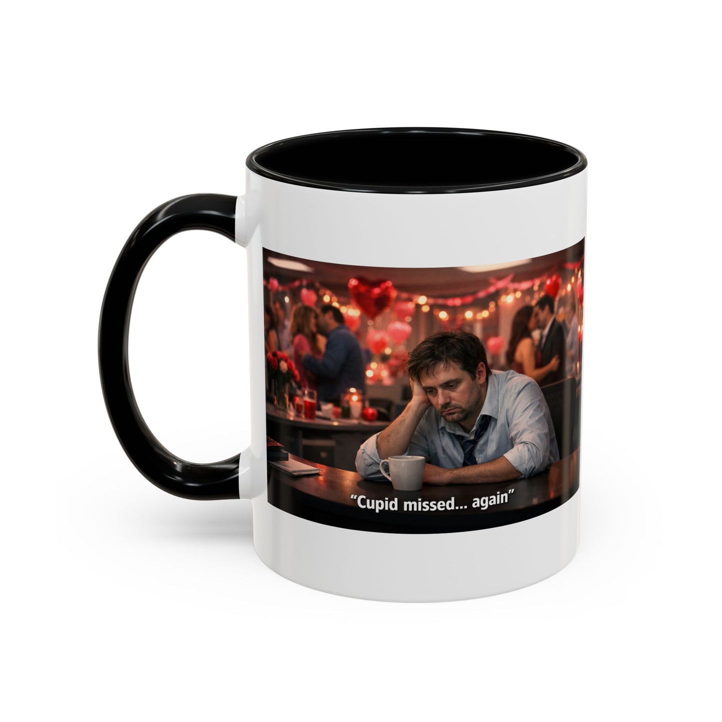 Cupid Missed… Again Funny Valentine Office Party Coffee Mug | Anti-Valentine Humorous Work Mug