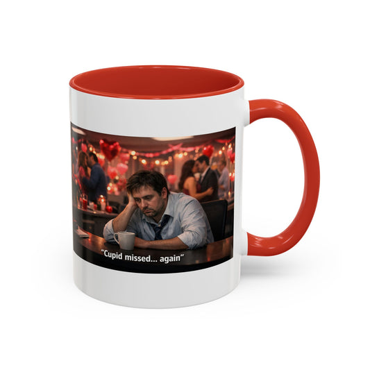 Cupid Missed… Again Funny Valentine Office Party Coffee Mug | Anti-Valentine Humorous Work Mug