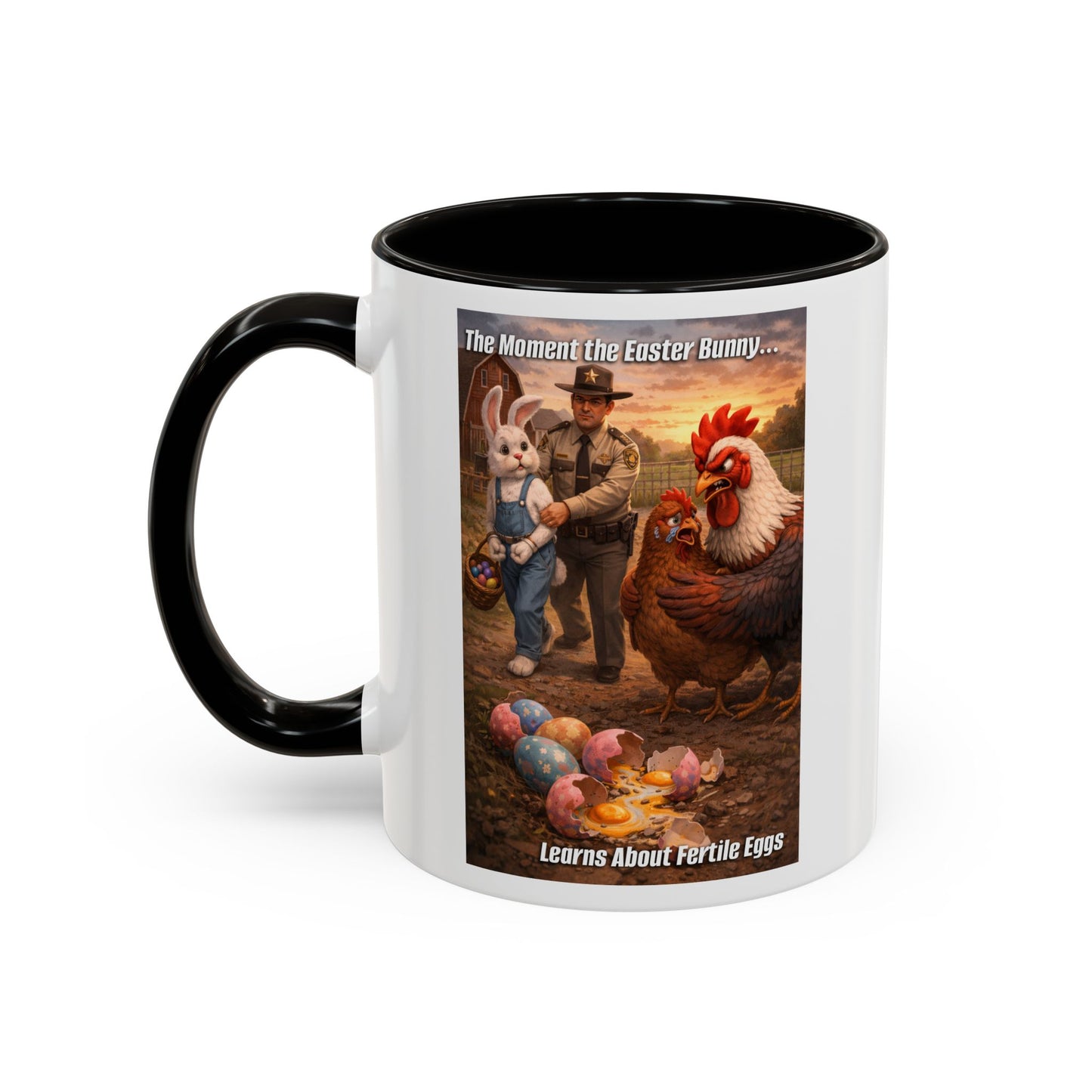 Easter Humor Mug — “The Moment the Easter Bunny Learns About Fertile Eggs” Accent Coffee Cup (11oz/15oz)