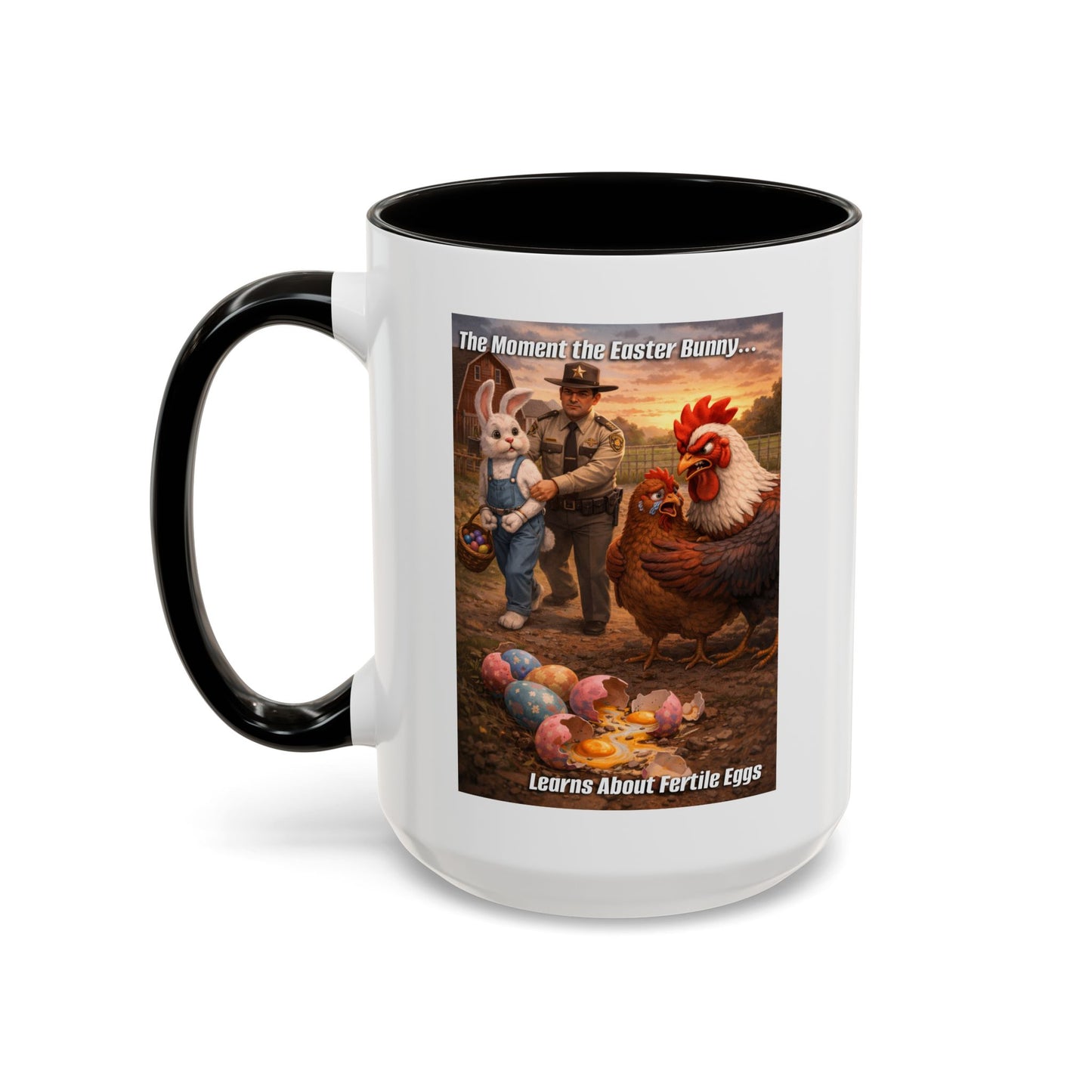Easter Humor Mug — “The Moment the Easter Bunny Learns About Fertile Eggs” Accent Coffee Cup (11oz/15oz)