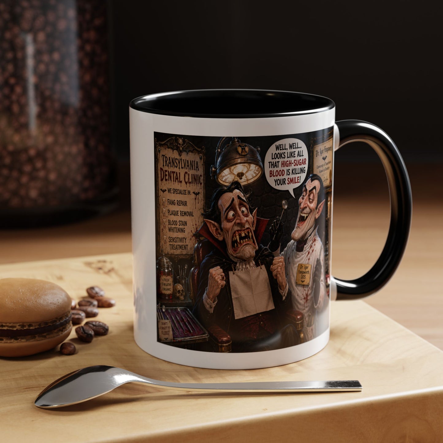 The Count’s Sugar Problem — Funny Vampire Halloween Mug (Accent Colors - Black, Red, Orange, Purple, Pink 11oz/15oz)
