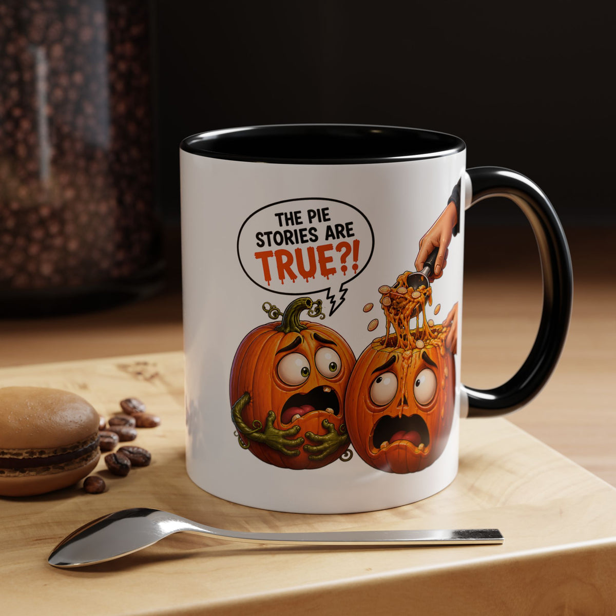 Accent Coffee Mug — Funny Halloween Pumpkin "The Pie Stories Are True?!" v2
