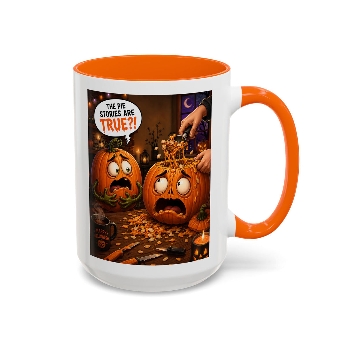 Accent Coffee Mug — Funny Halloween Pumpkin "The Pie Stories Are True?!"