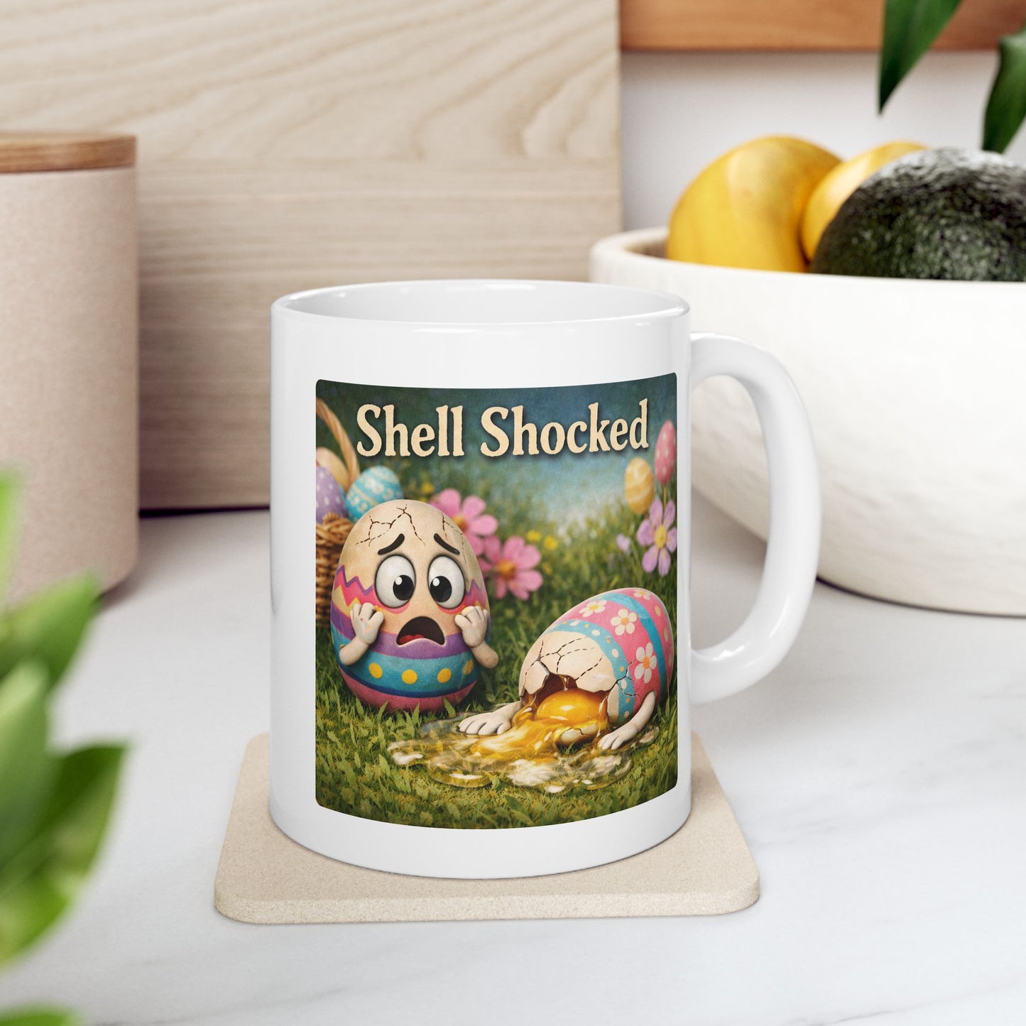 Shell Shocked Easter Mug – Funny Easter Coffee Mug with Traumatized Egg Design