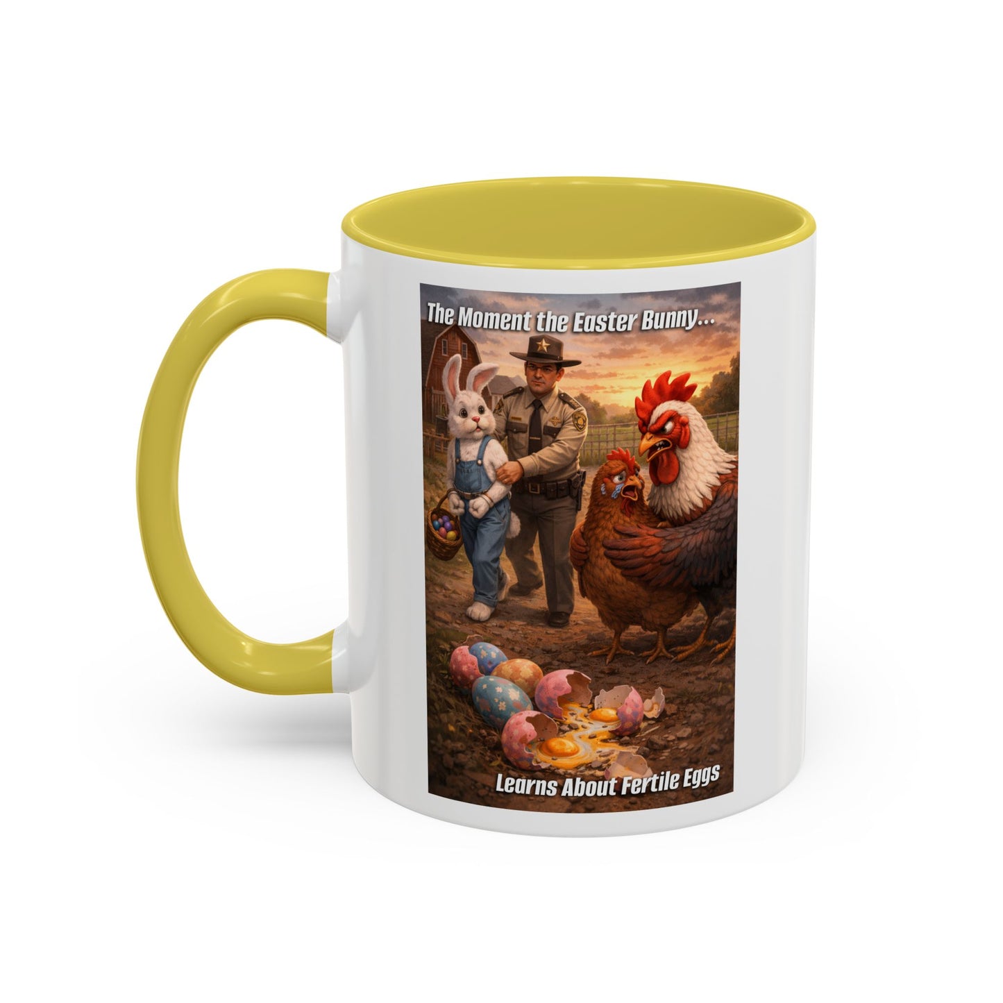 Easter Humor Mug — “The Moment the Easter Bunny Learns About Fertile Eggs” Accent Coffee Cup (11oz/15oz)