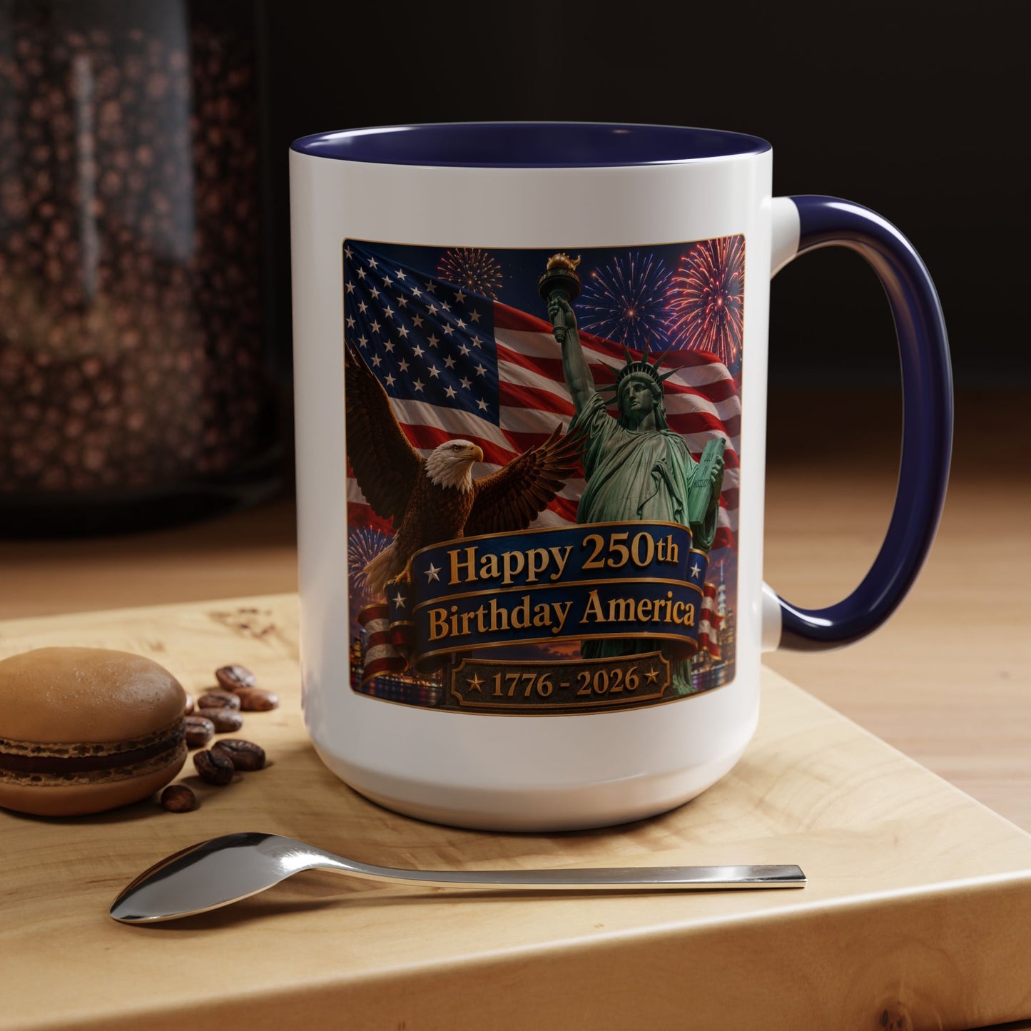 Patriotic Coffee Mug - "Happy 250th Birthday America 1776–2026" - Red or Blue Accent Color