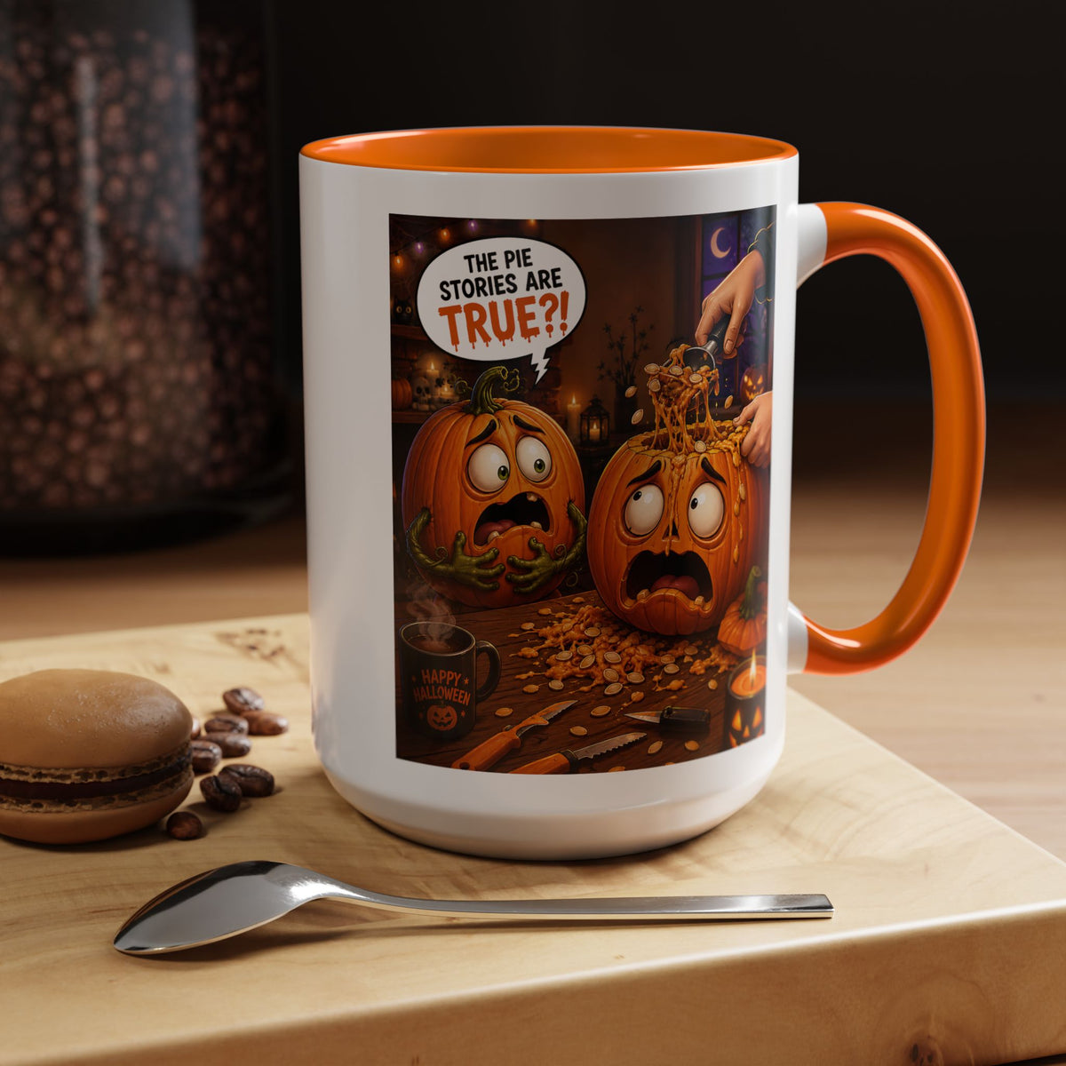 Accent Coffee Mug — Funny Halloween Pumpkin "The Pie Stories Are True?!"