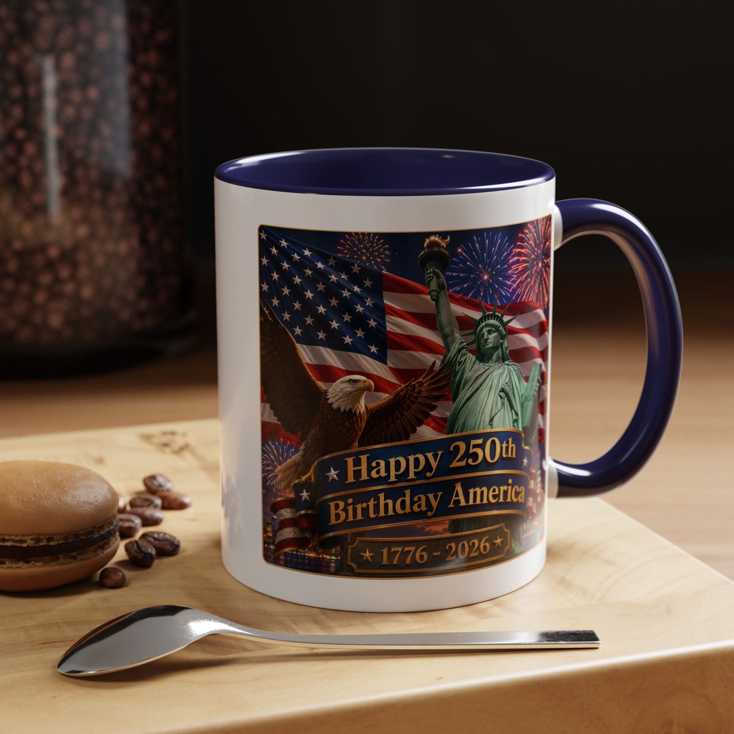 Patriotic Coffee Mug - "Happy 250th Birthday America 1776–2026" - Red or Blue Accent Color