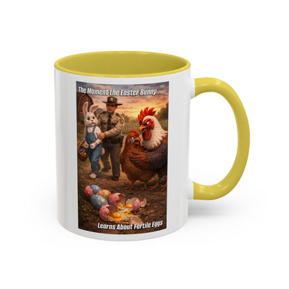 Easter Humor Mug — “The Moment the Easter Bunny Learns About Fertile Eggs” Accent Coffee Cup (11oz/15oz)