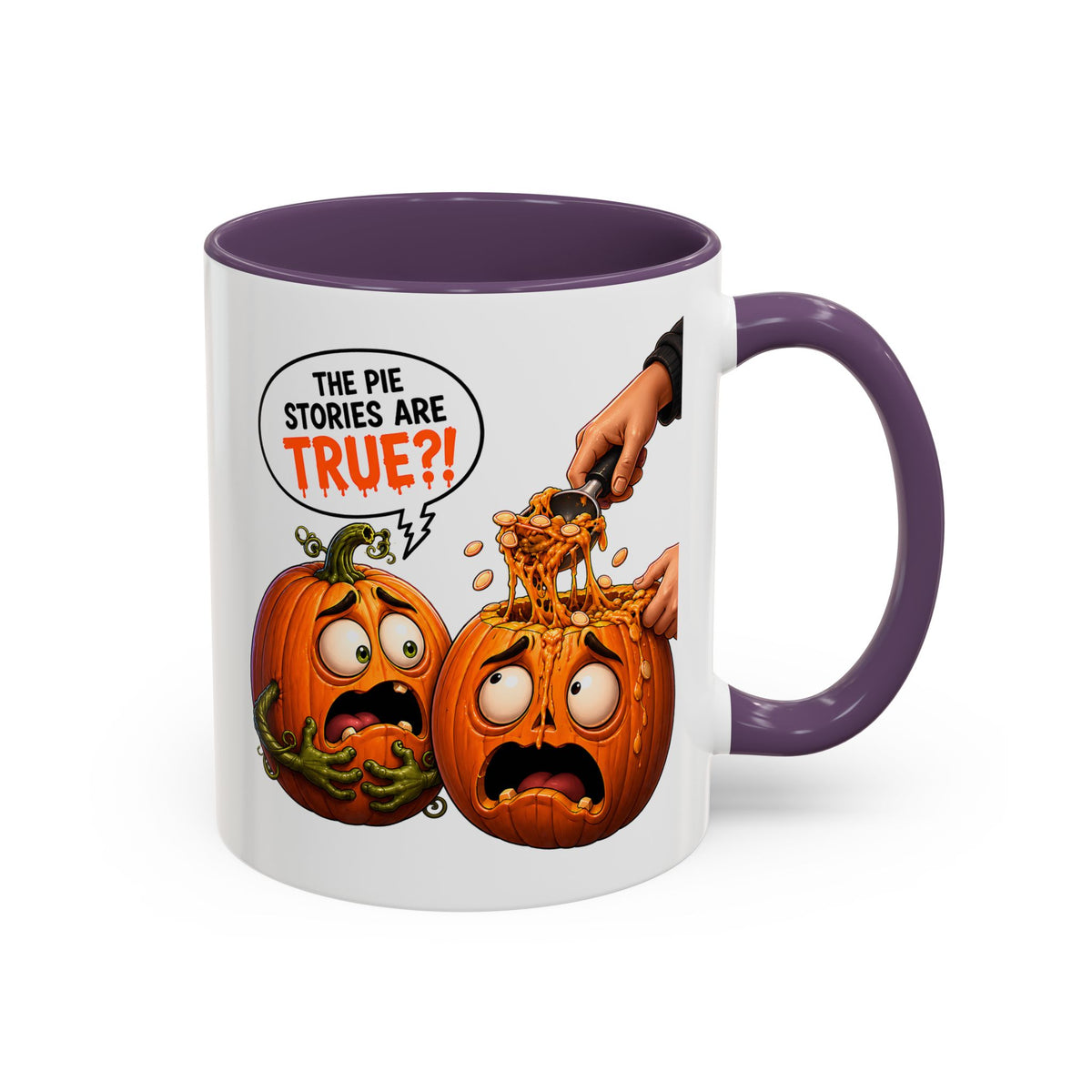 Accent Coffee Mug — Funny Halloween Pumpkin "The Pie Stories Are True?!" v2