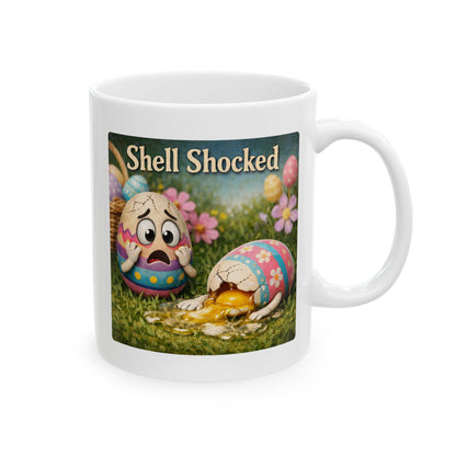 Shell Shocked Easter Mug – Funny Easter Coffee Mug with Traumatized Egg Design
