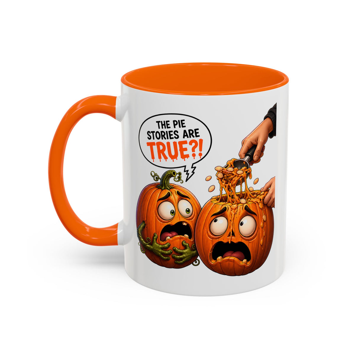Accent Coffee Mug — Funny Halloween Pumpkin "The Pie Stories Are True?!" v2