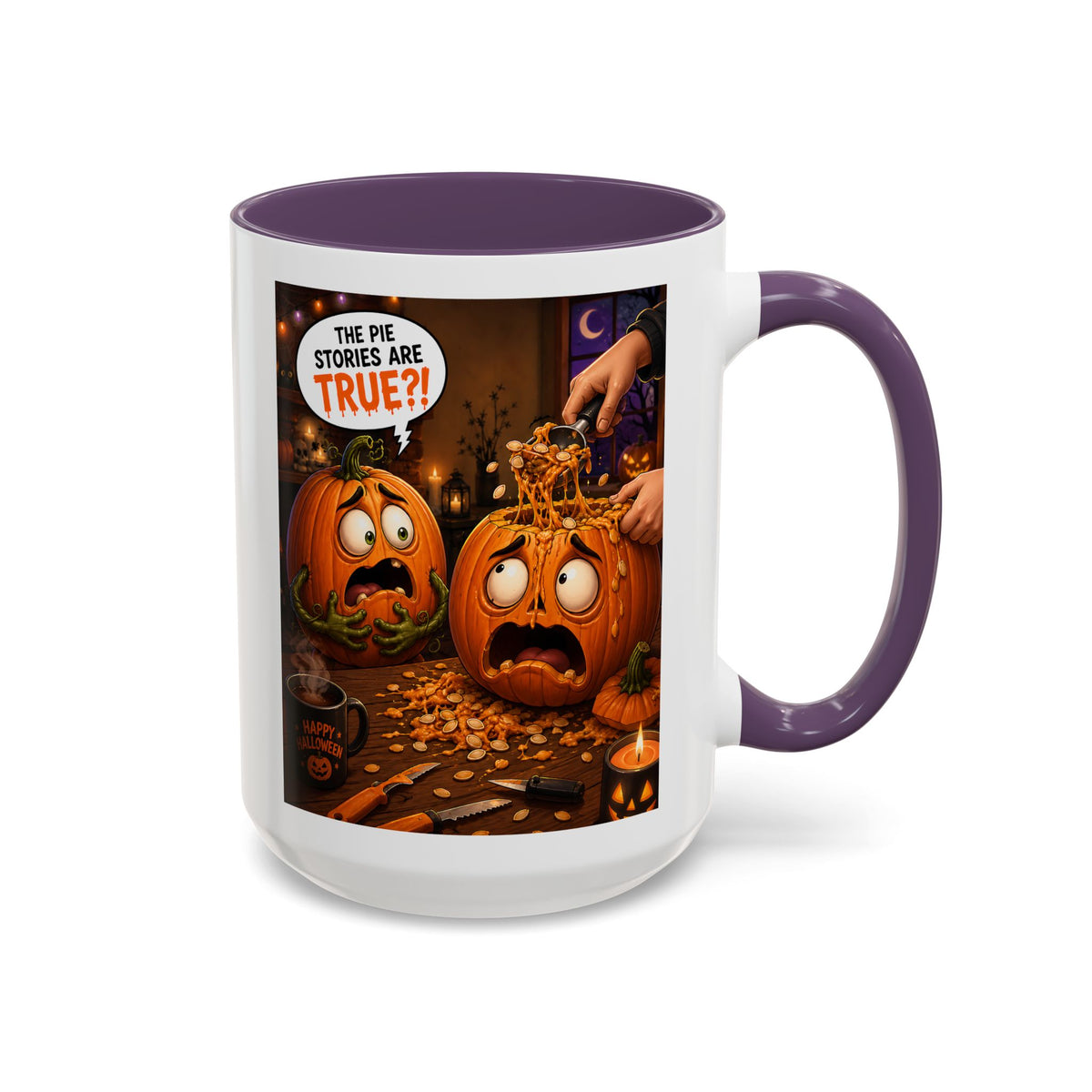 Accent Coffee Mug — Funny Halloween Pumpkin "The Pie Stories Are True?!"