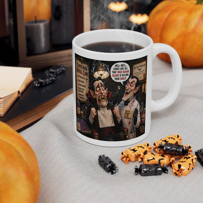 The Count’s Sugar Problem funny vampire Halloween white ceramic coffee mug, set on a table with pumpkins, candy, and candles in a cozy autumn setting.