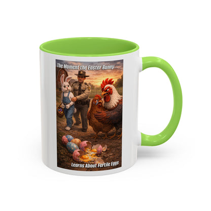 Easter Humor Mug — “The Moment the Easter Bunny Learns About Fertile Eggs” Accent Coffee Cup (11oz/15oz)