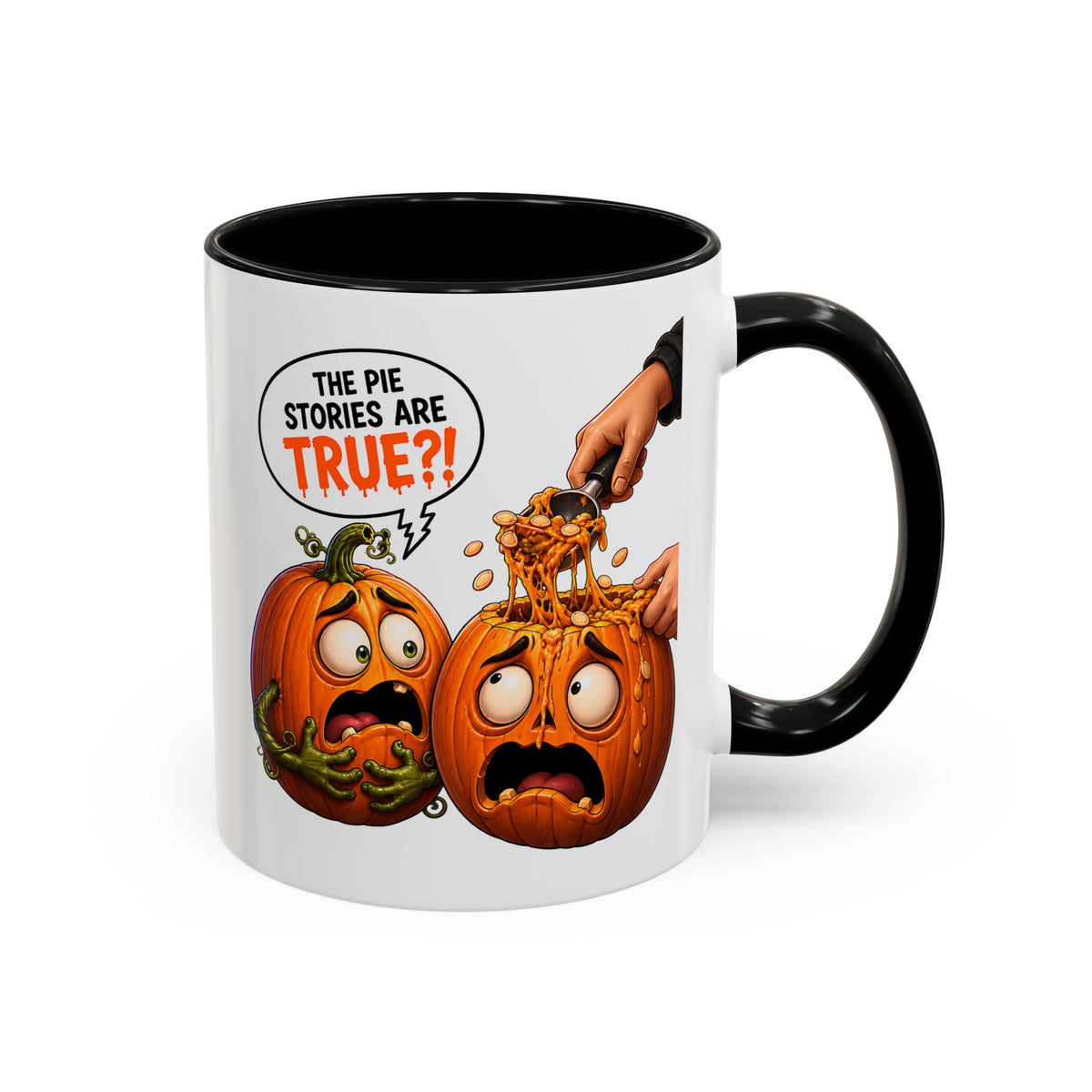 Accent Coffee Mug — Funny Halloween Pumpkin "The Pie Stories Are True?!" v2