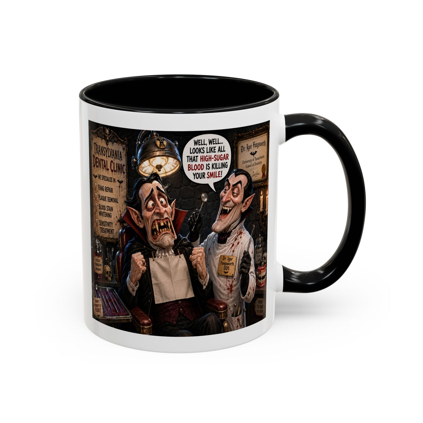 The Count’s Sugar Problem — Funny Vampire Halloween Mug (Accent Colors - Black, Red, Orange, Purple, Pink 11oz/15oz)