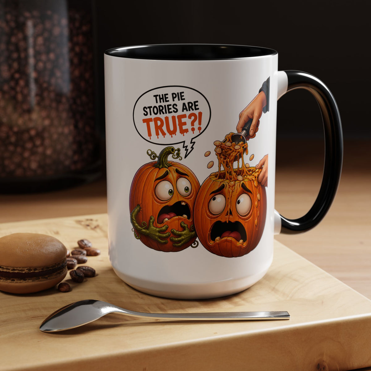 Accent Coffee Mug — Funny Halloween Pumpkin "The Pie Stories Are True?!" v2